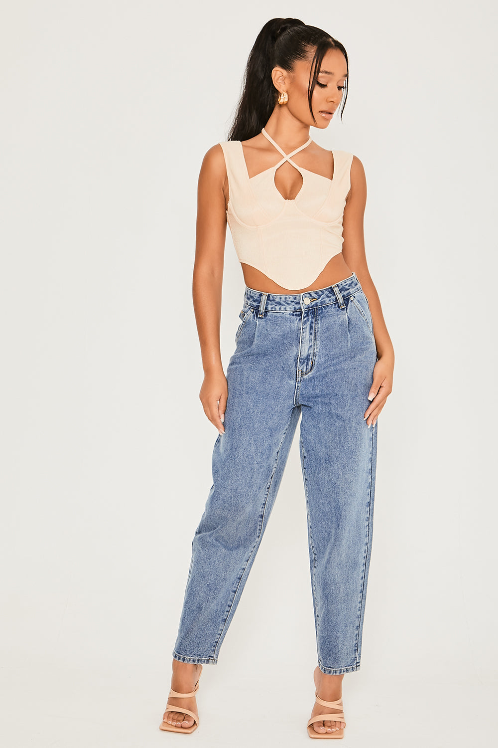 Cross Neck Tie Corset Top Ecru