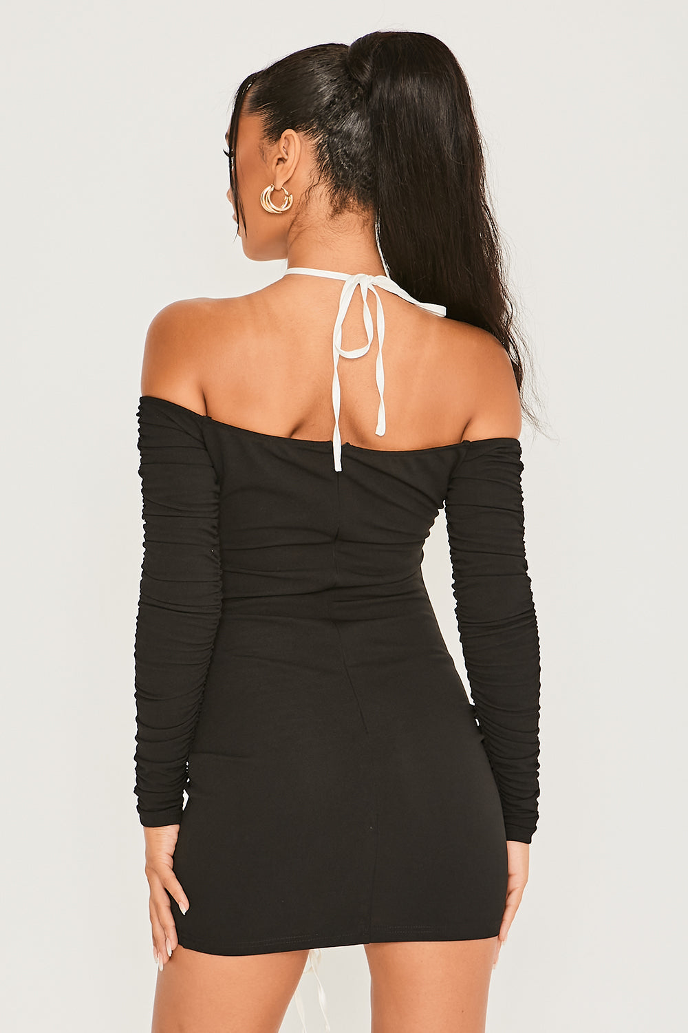 Bow Detail Ruched Front Long Sleeve Mini Dress Black And White