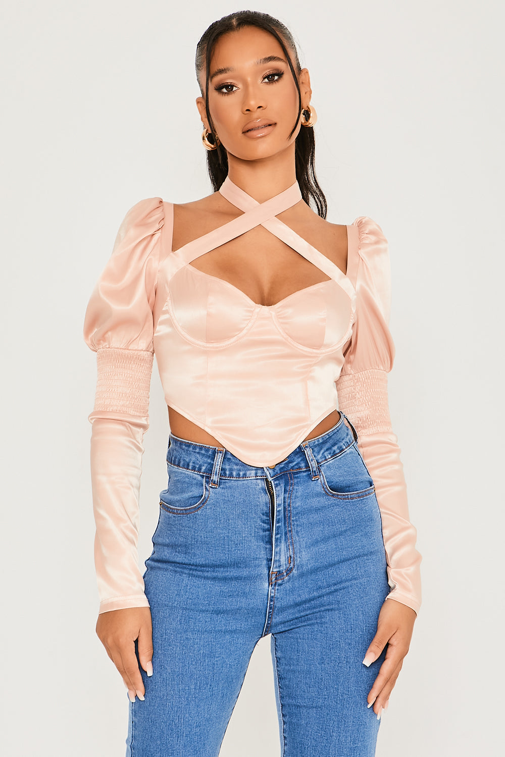 Halter Neck Puff Sleeve Corset Top Blush