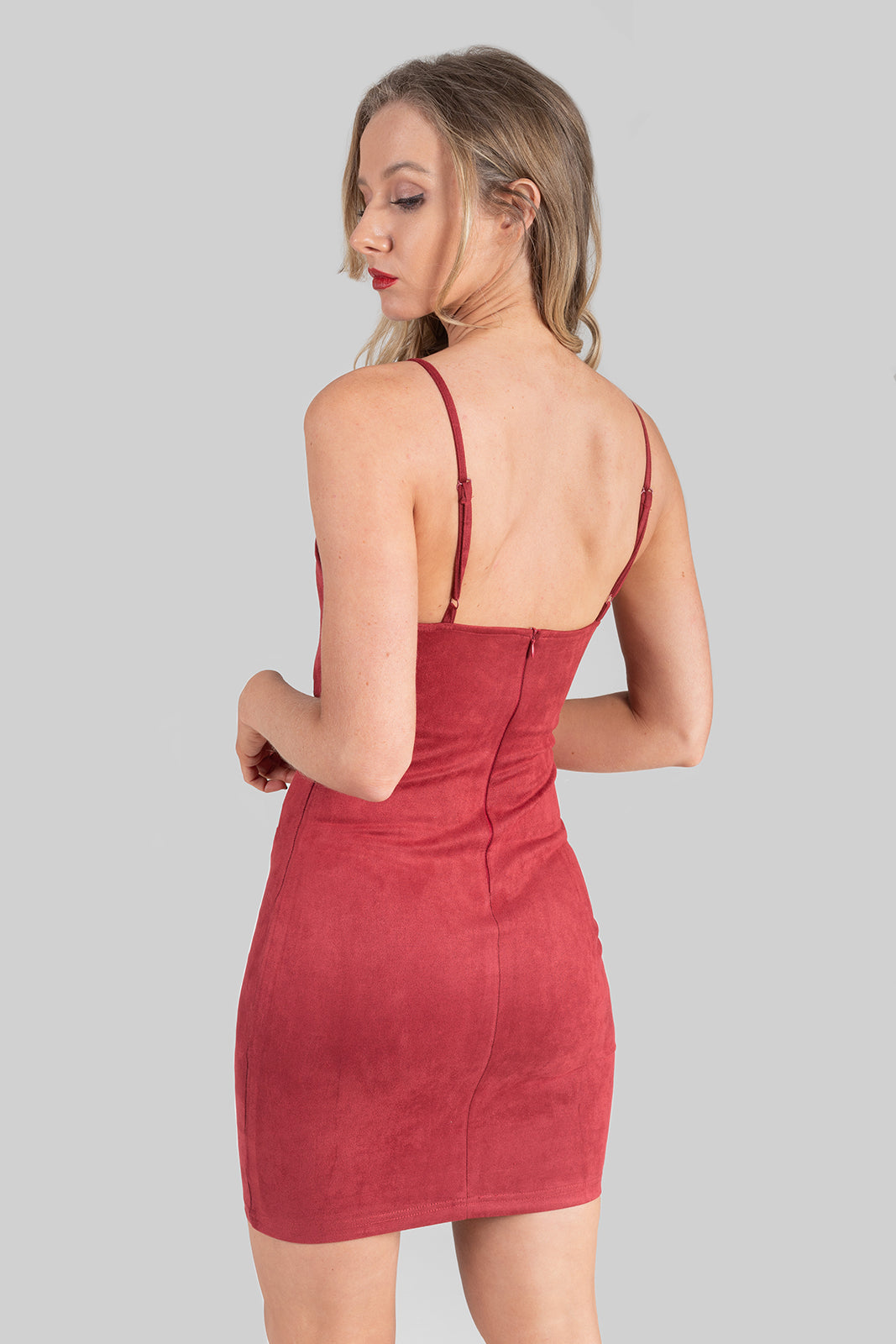 V Neck Suede Bodycon Dress Wine