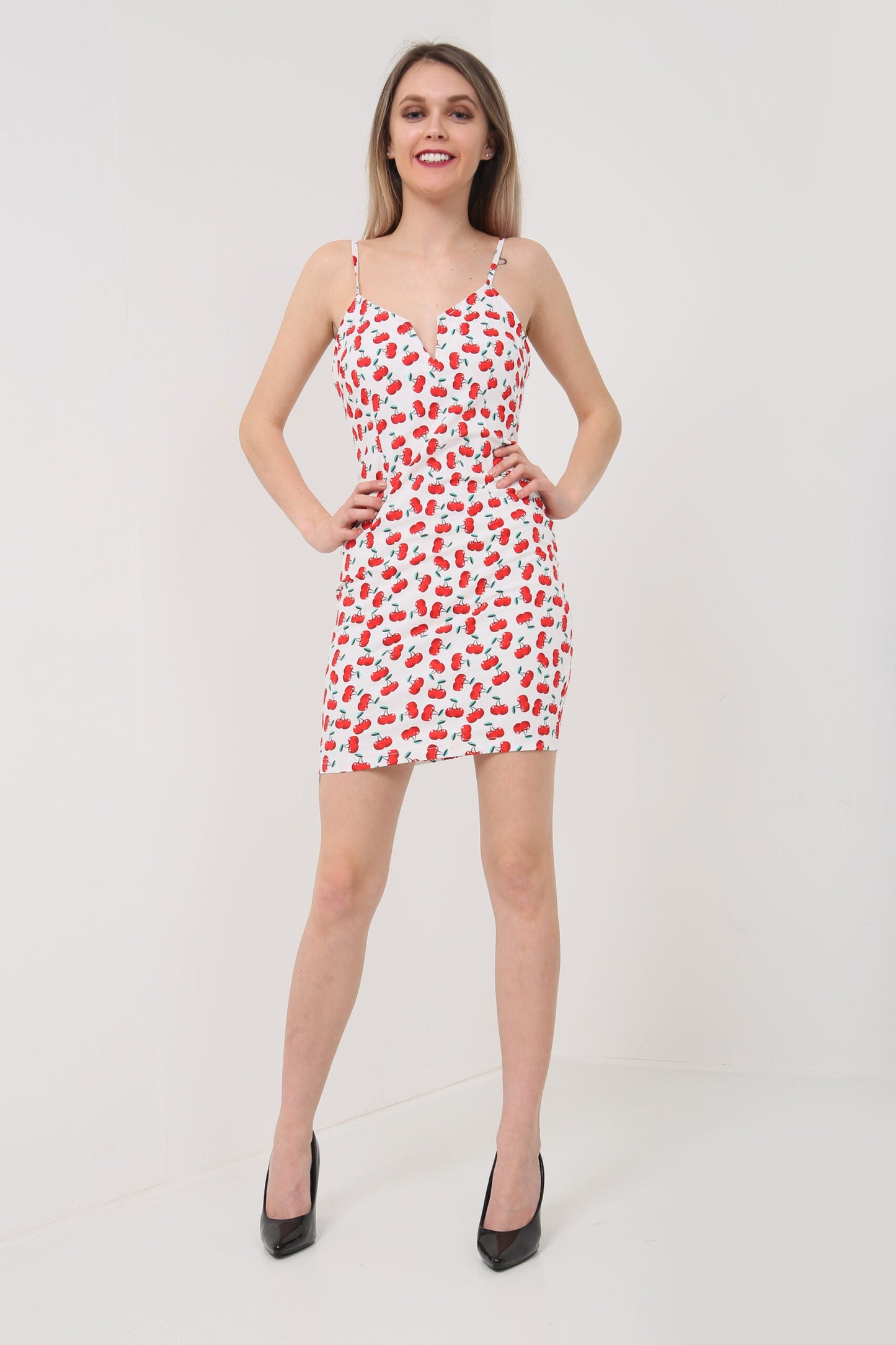 Cherry Print Mini Bodycon Dress White