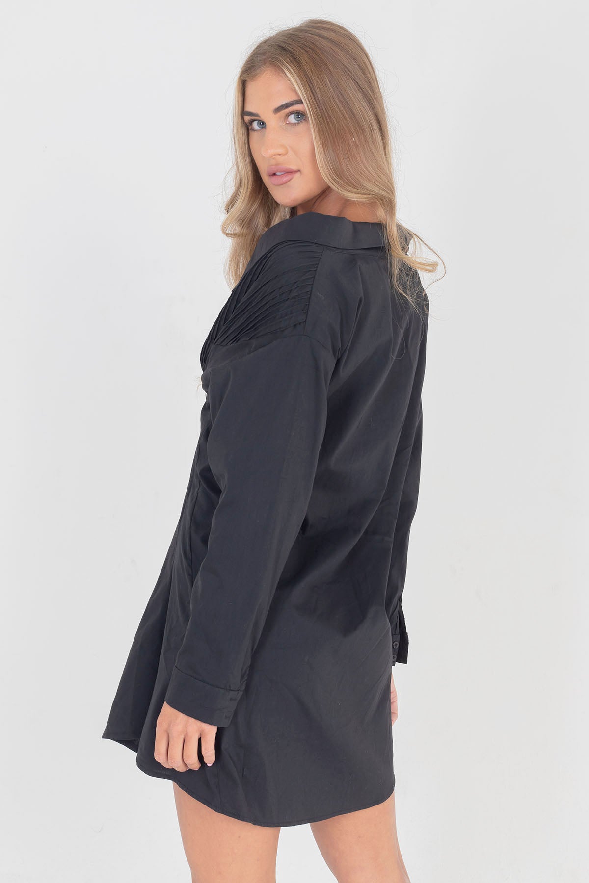 Tie Up Long Sleeve Shirt Swing Dress Black