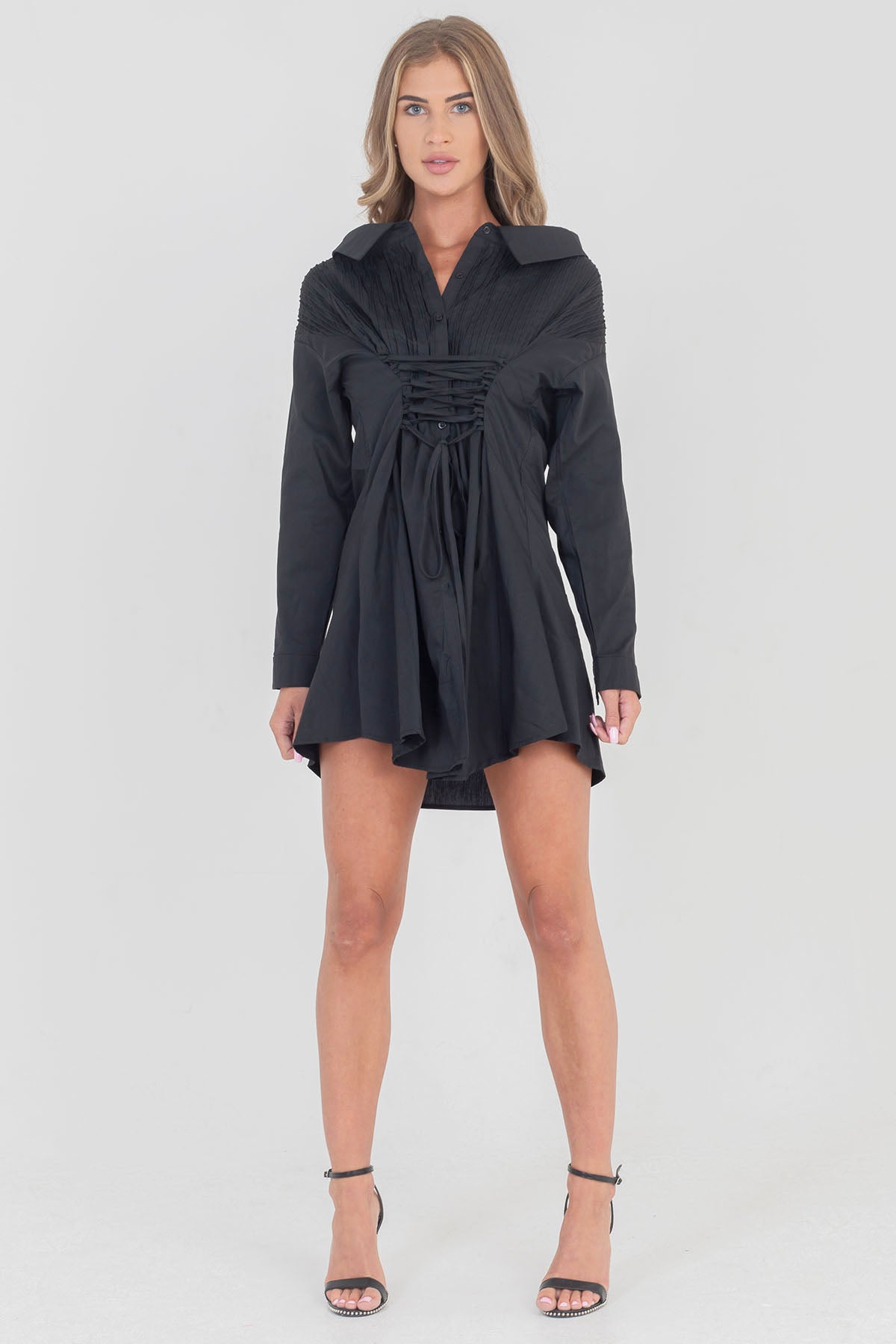 Tie Up Long Sleeve Shirt Swing Dress Black
