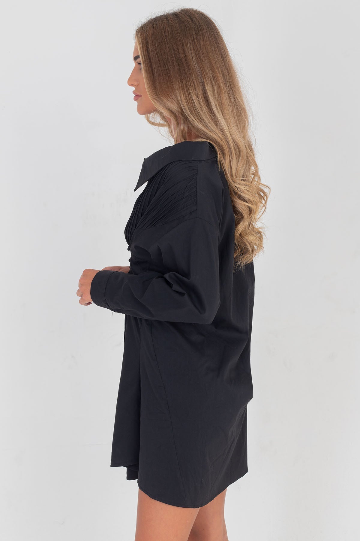 Tie Up Long Sleeve Shirt Swing Dress Black
