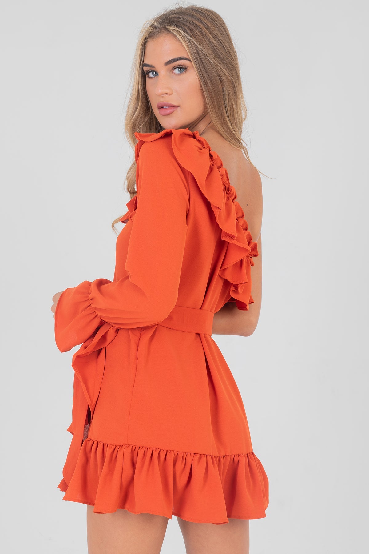 Frilled One Shoulder Polka Dot Dress Rust