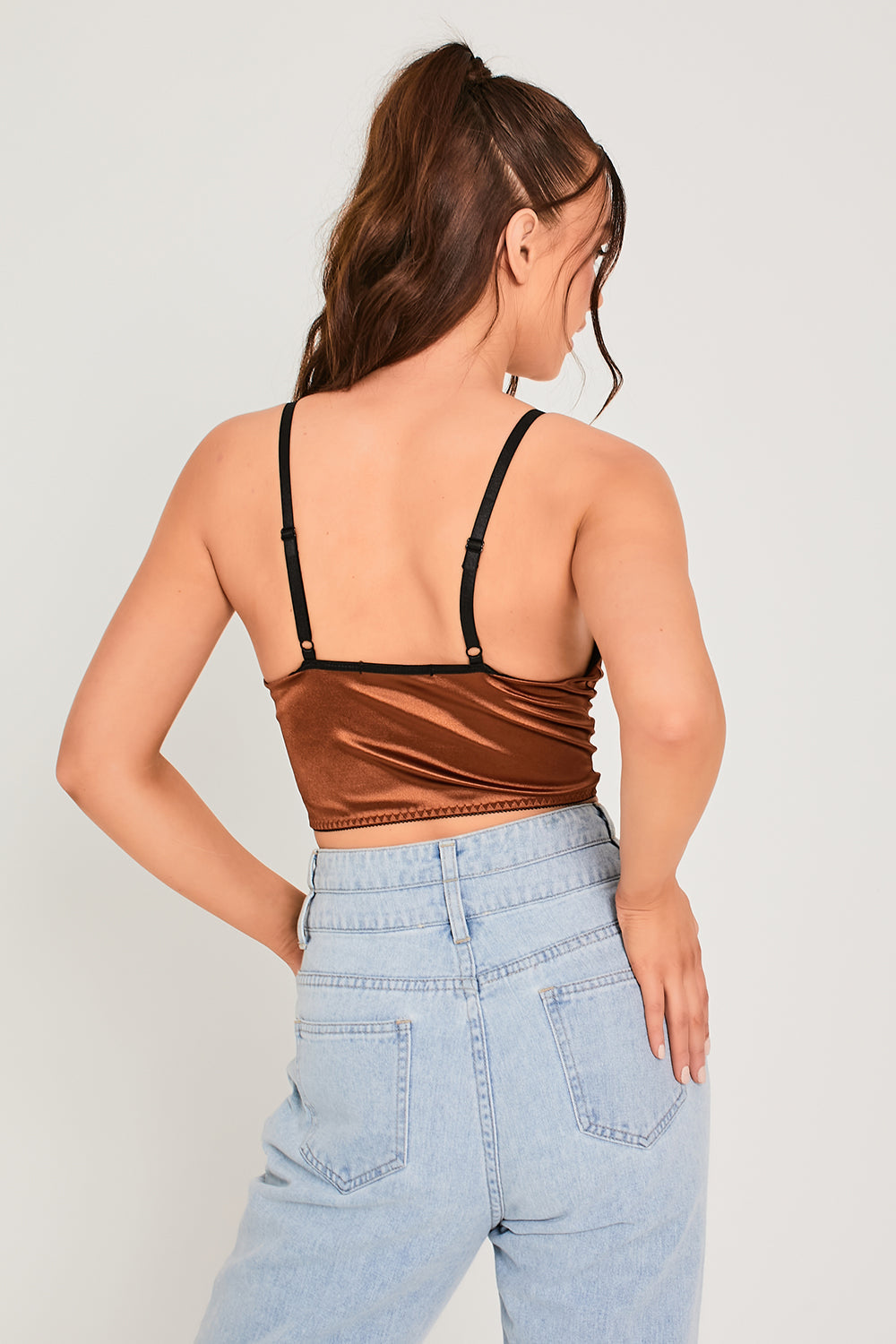 Satin Lace Trim Crop Top Chocolate