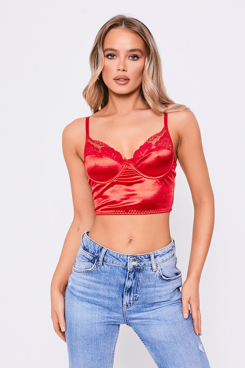 Satin Lace Trim Crop Top Red