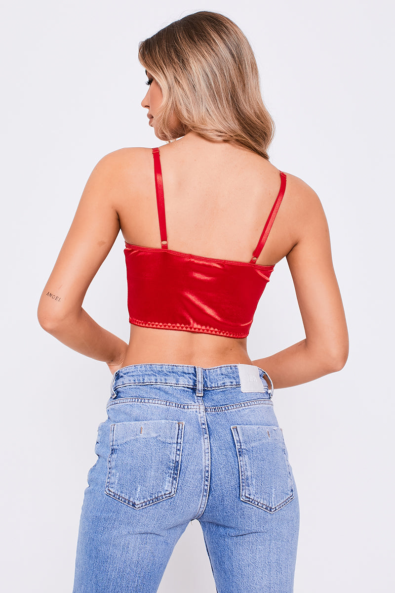 Satin Lace Trim Crop Top Red