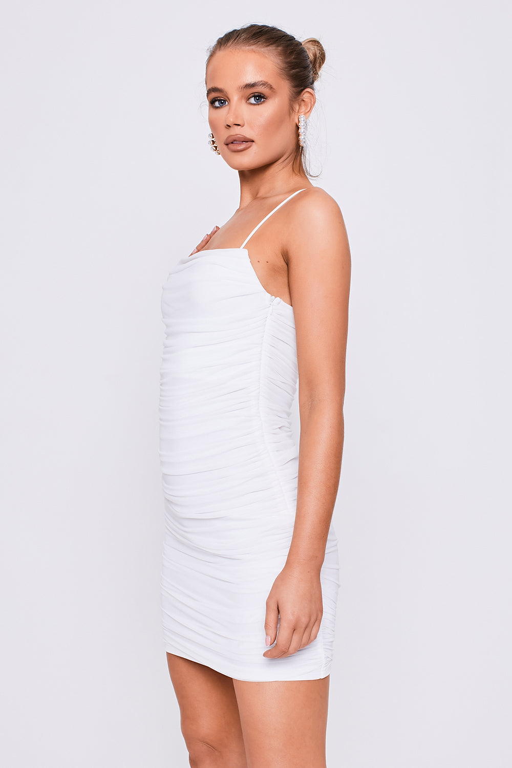 Square Neck Strappy Ruched Mini Dress White