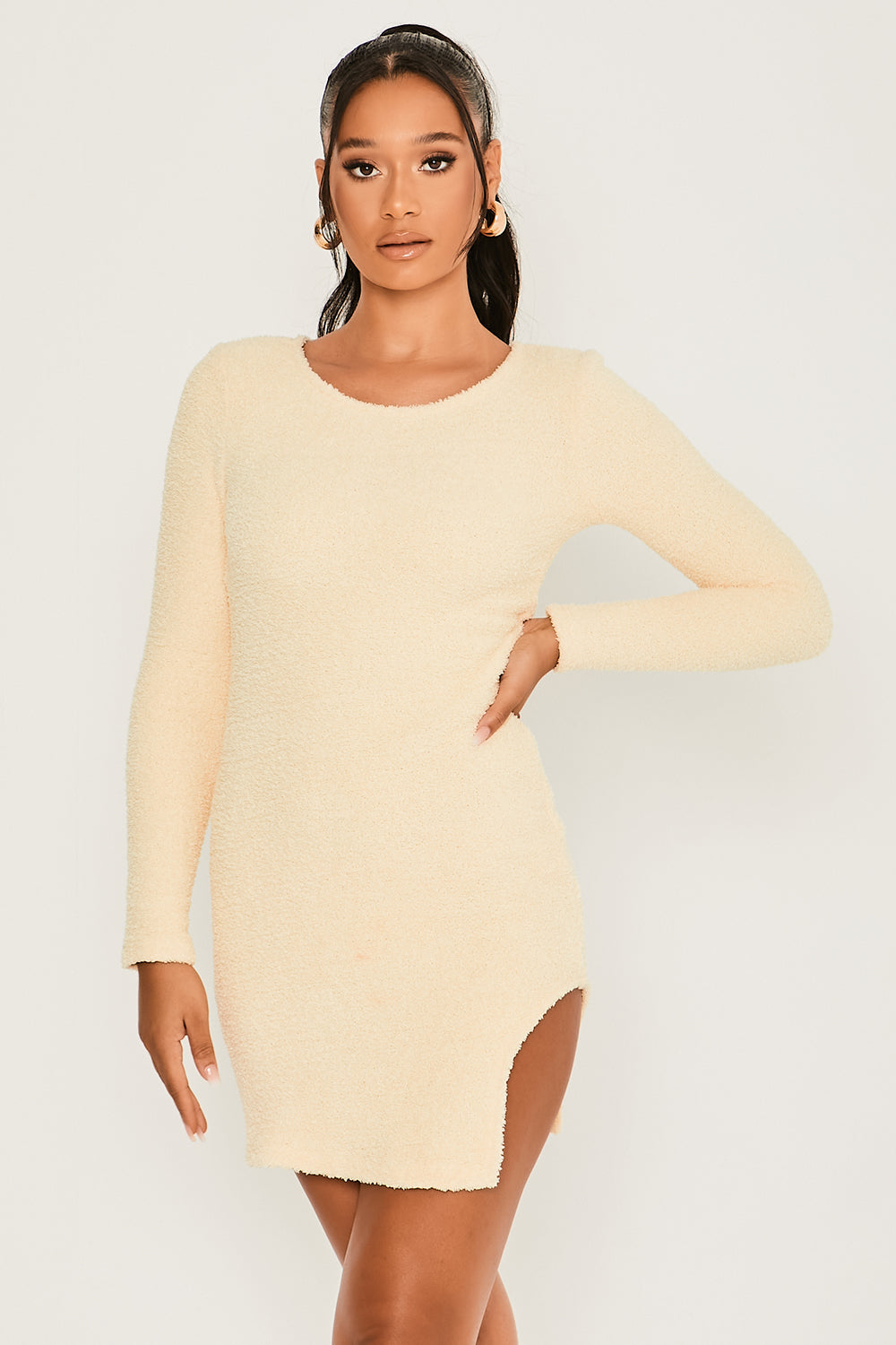 Fluffy Long Sleeve Cut Out Detailed Mini Bodycon Dress Yellow