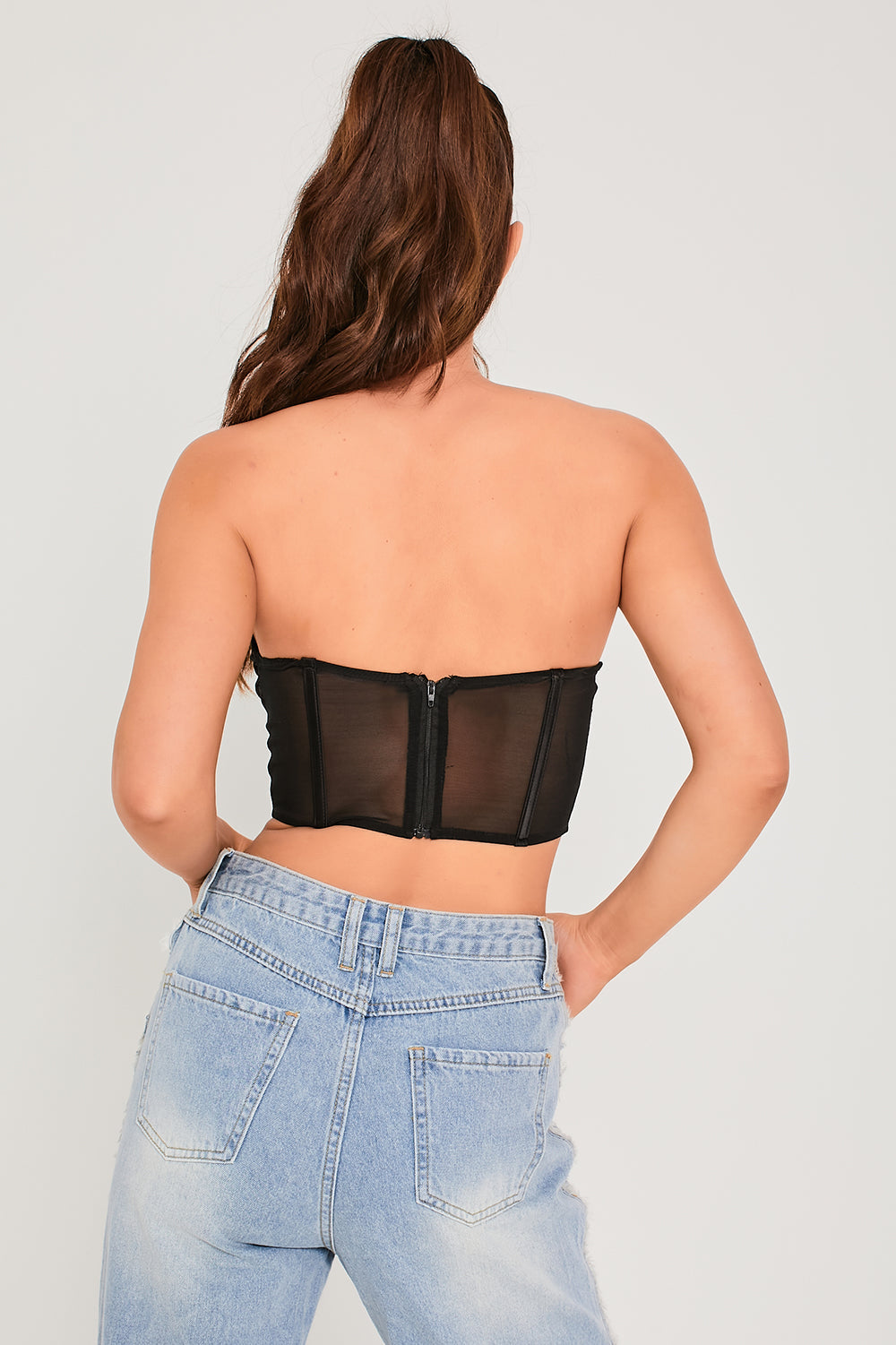 Satin Drape Front Mesh Detail Corset Top Black