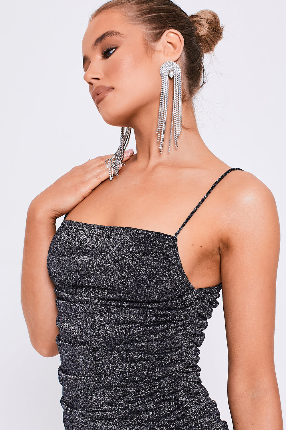 Square Neck Ruched Glitter Mini Dress Black