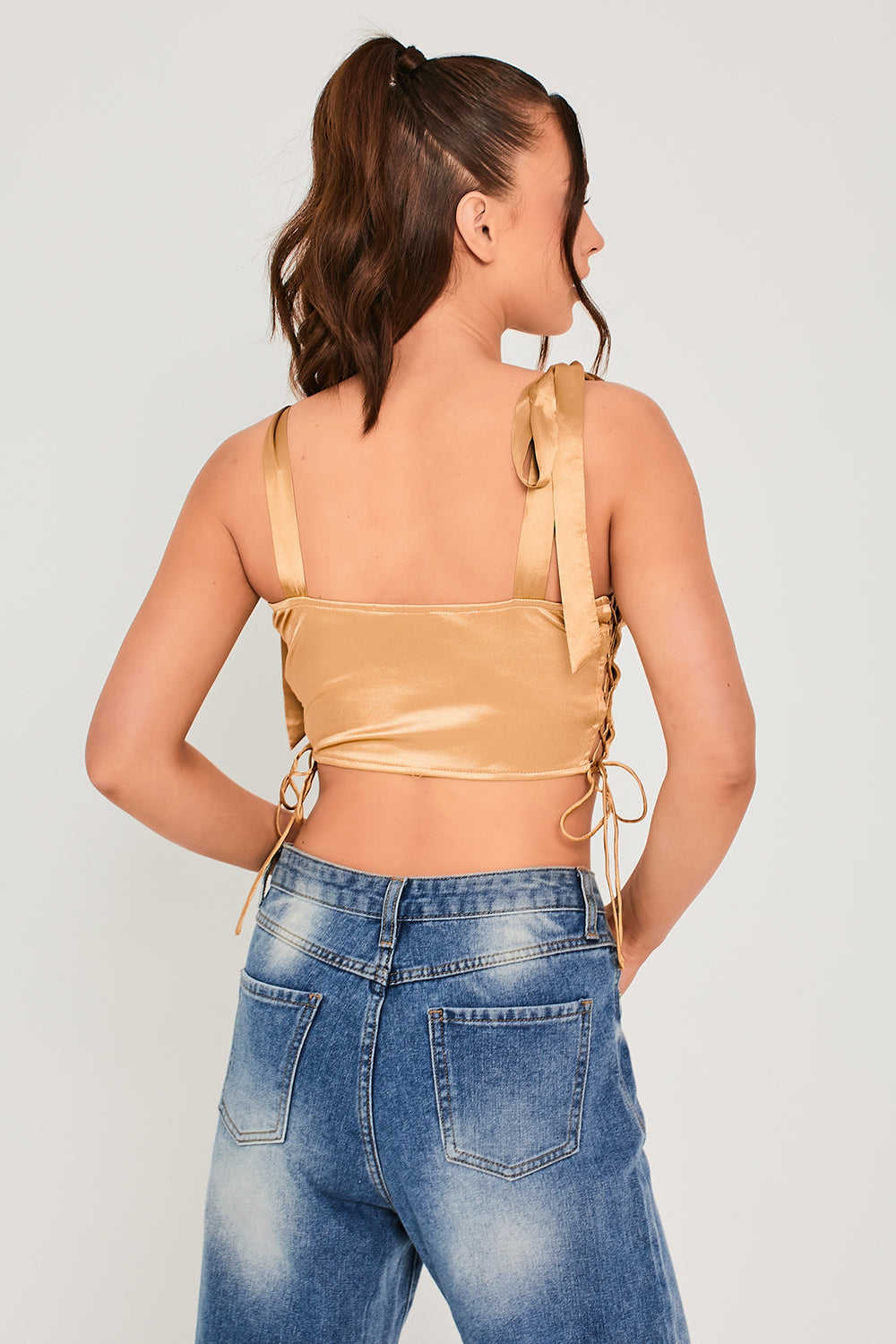 Tie Shoulder Laced Side Ruched Bust Crop Top Gold