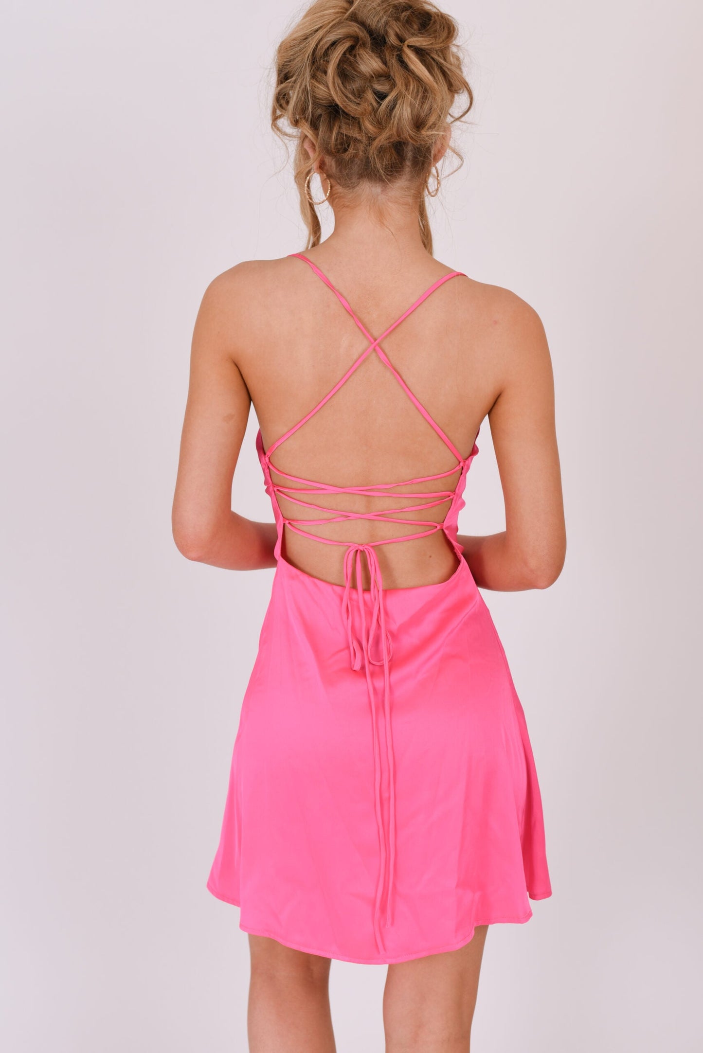 Satin Cowl Neck Lace Up Back Mini Dress Hot Pink