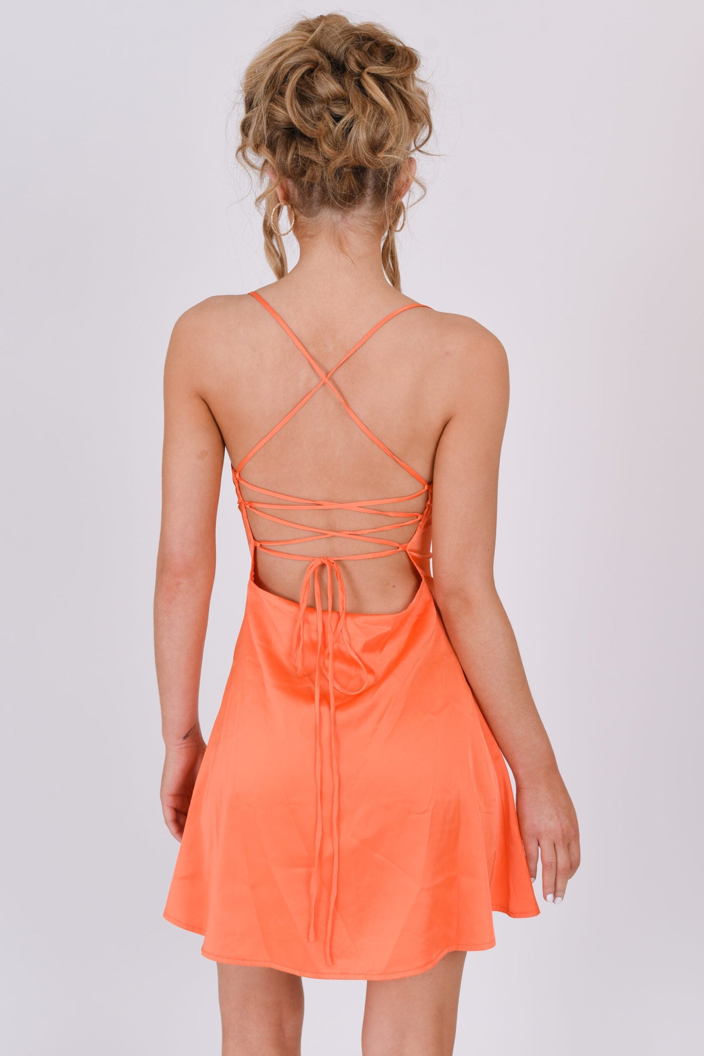Satin Cowl Neck Lace Up Back Mini Dress Orange