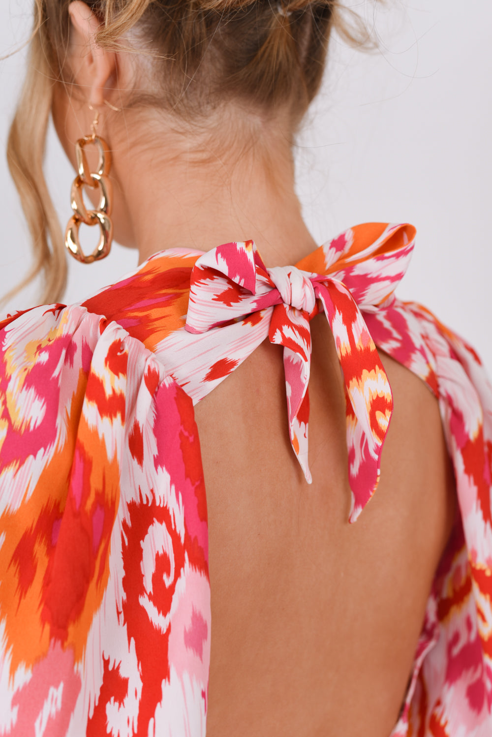 Pink Print Tie Back Puff Sleeve Plunge Crop Top