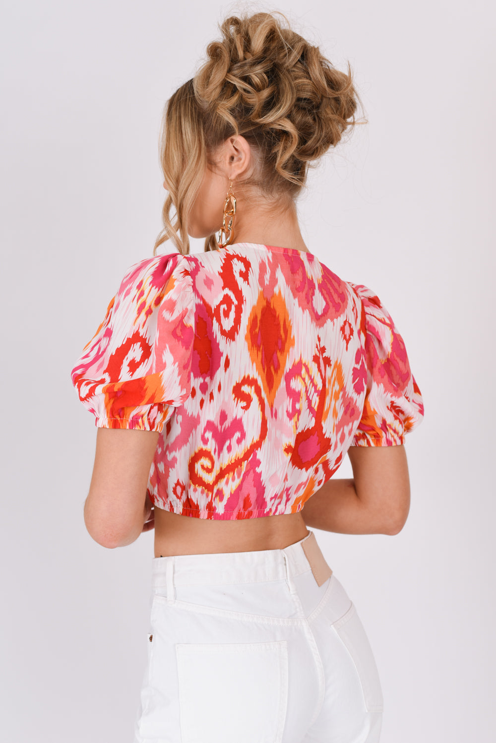 Pink Print Puff Sleeve Double Tie Front Crop Top