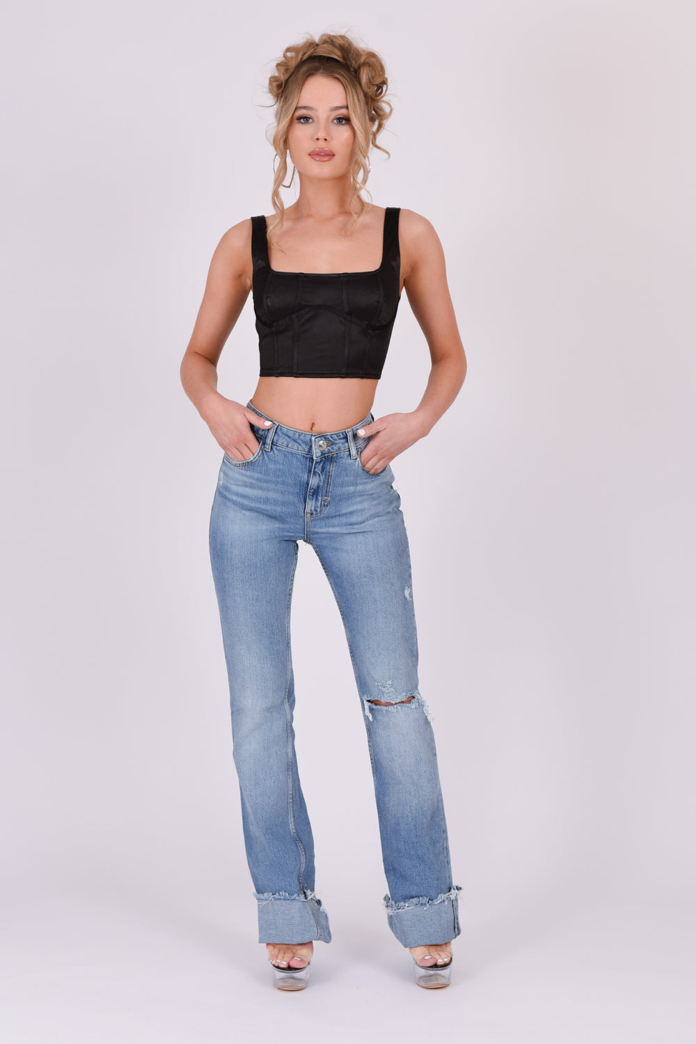 Satin Square Neckline Crop Top Black