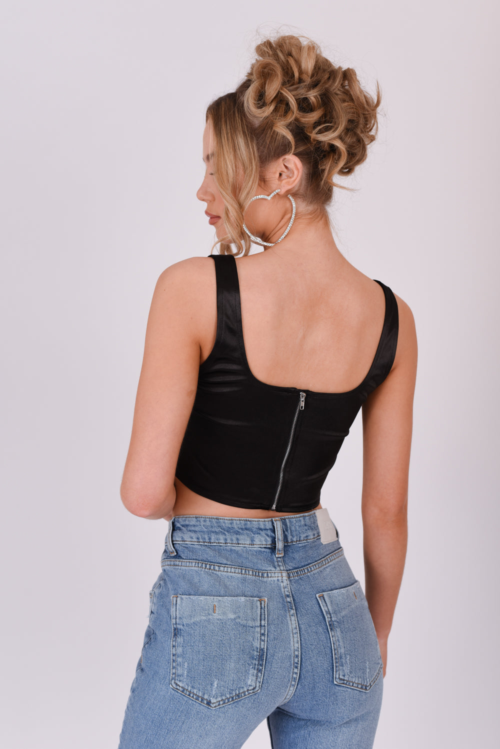 Satin Square Neckline Crop Top Black