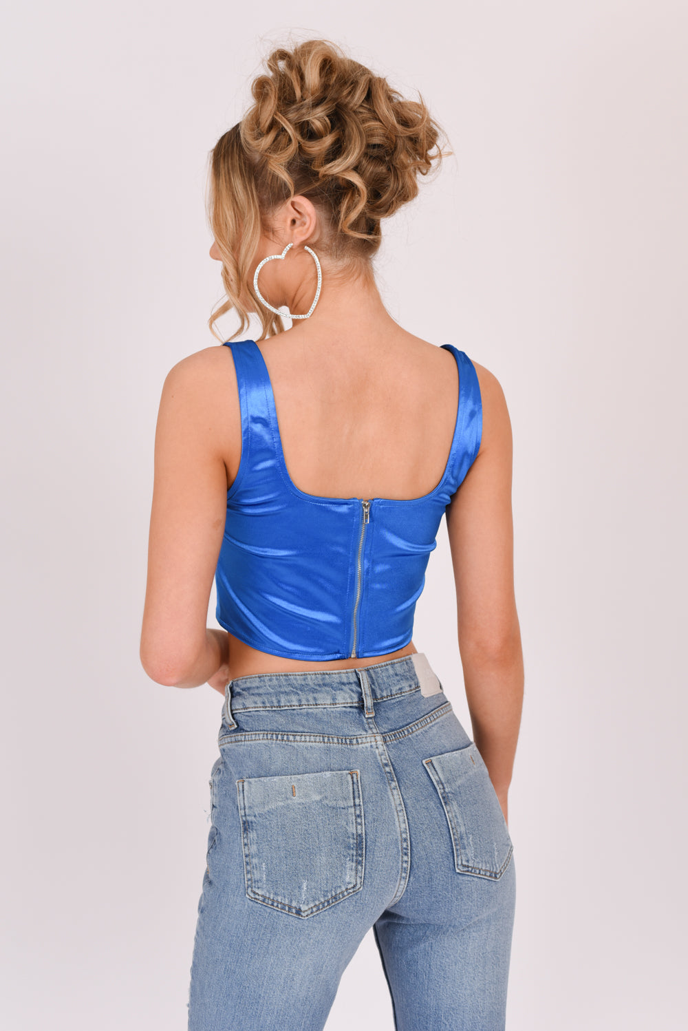 Satin Square Neckline Crop Top Cobalt