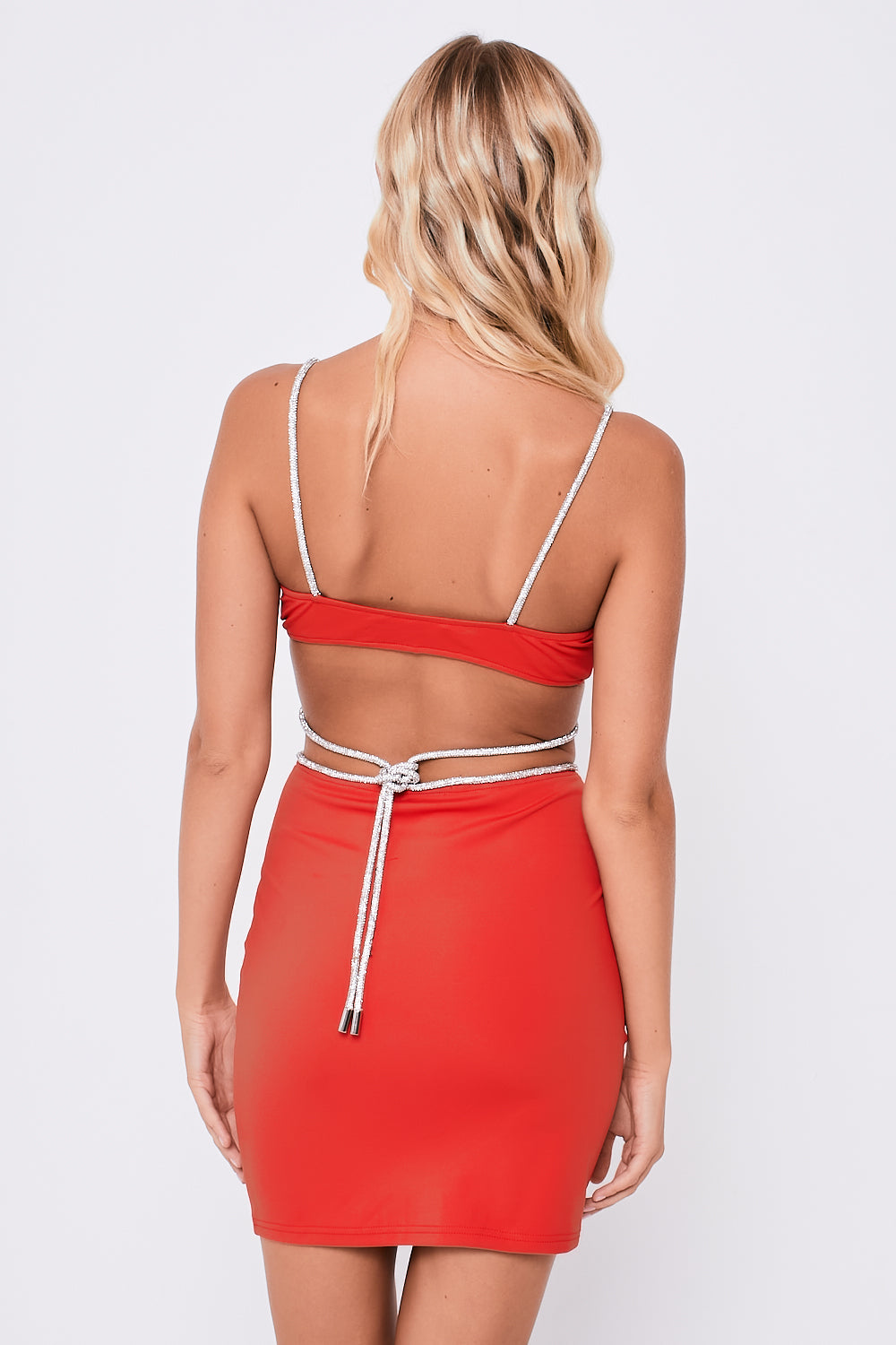 Diamante Rope Crop Top & Mini Skirt Co-Ord Red