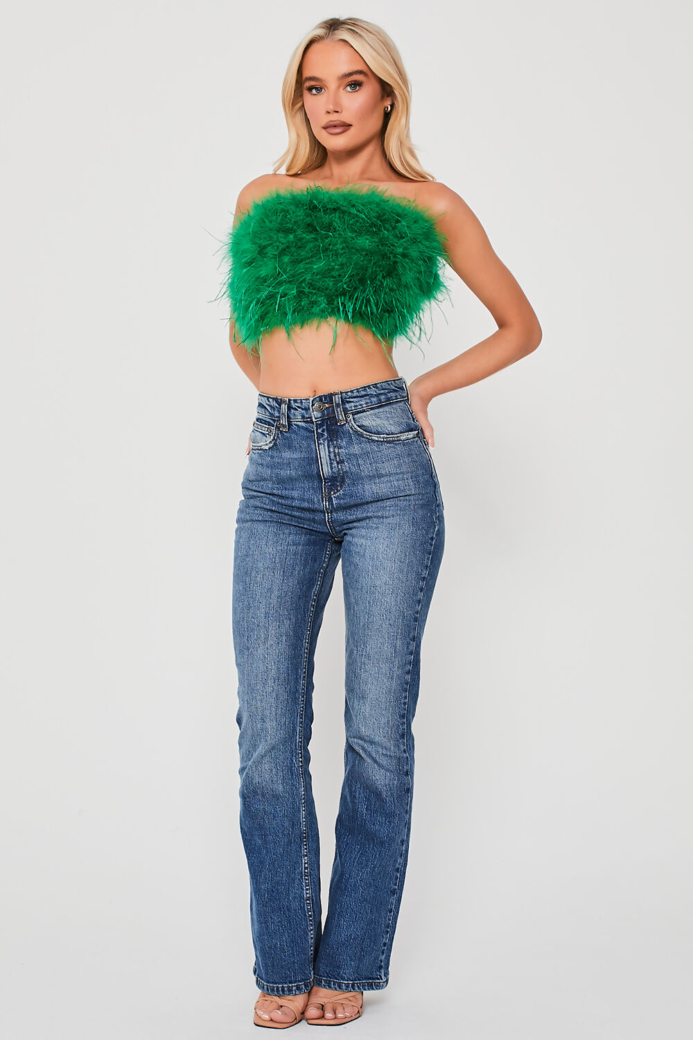 Strapless Feather Crop Top Green