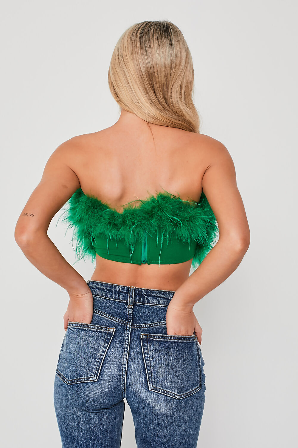 Strapless Feather Crop Top Green