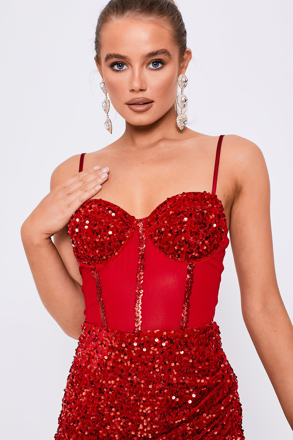 Mesh Insert Bustier Wrap Detail Sequin Dress Red