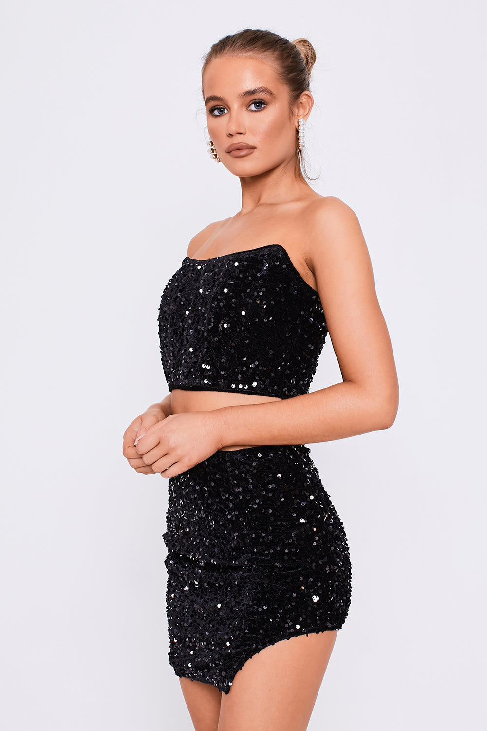 Sequin Corset Top & Mini Skirt Co-Ord Black