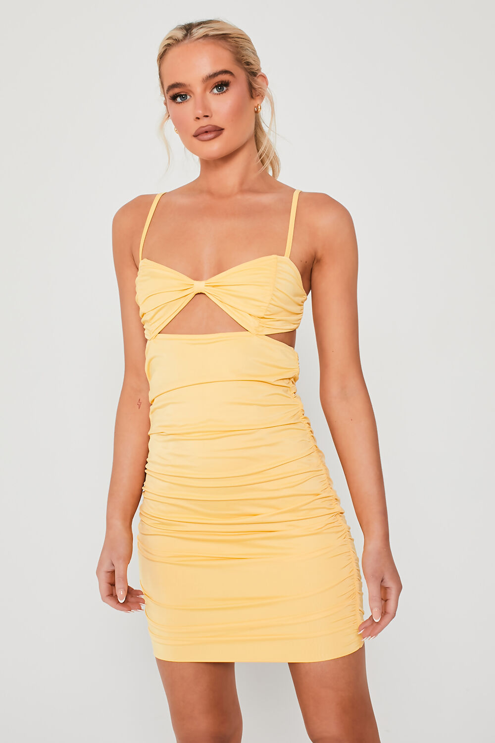 Ruched Cutout Detail Bodycon Mini Dress Yellow