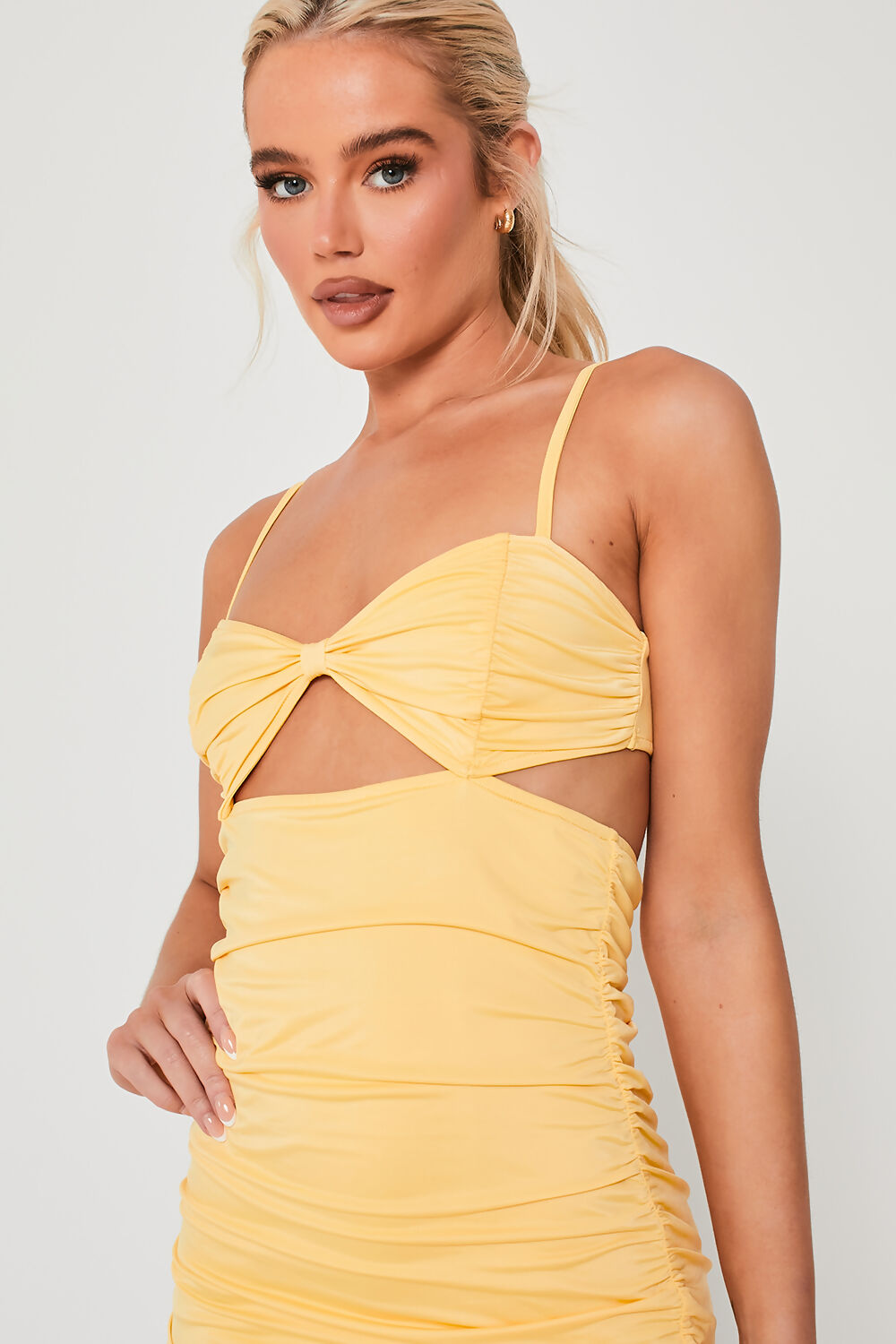 Ruched Cutout Detail Bodycon Mini Dress Yellow