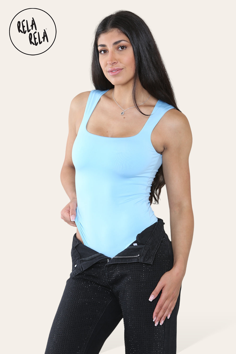 Premium Slinky Double Layered Square Neck Brazilian Bodysuit in Baby Blue side