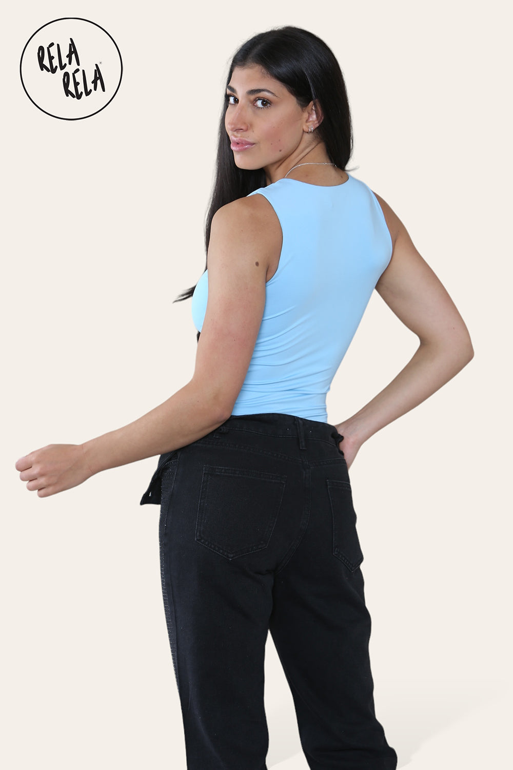 Premium Slinky Double Layered Square Neck Brazilian Bodysuit in Baby Blue back