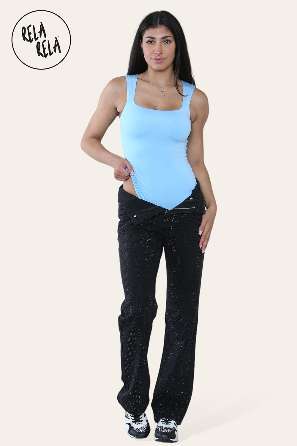 Premium Slinky Double Layered Square Neck Brazilian Bodysuit in Baby Blue full