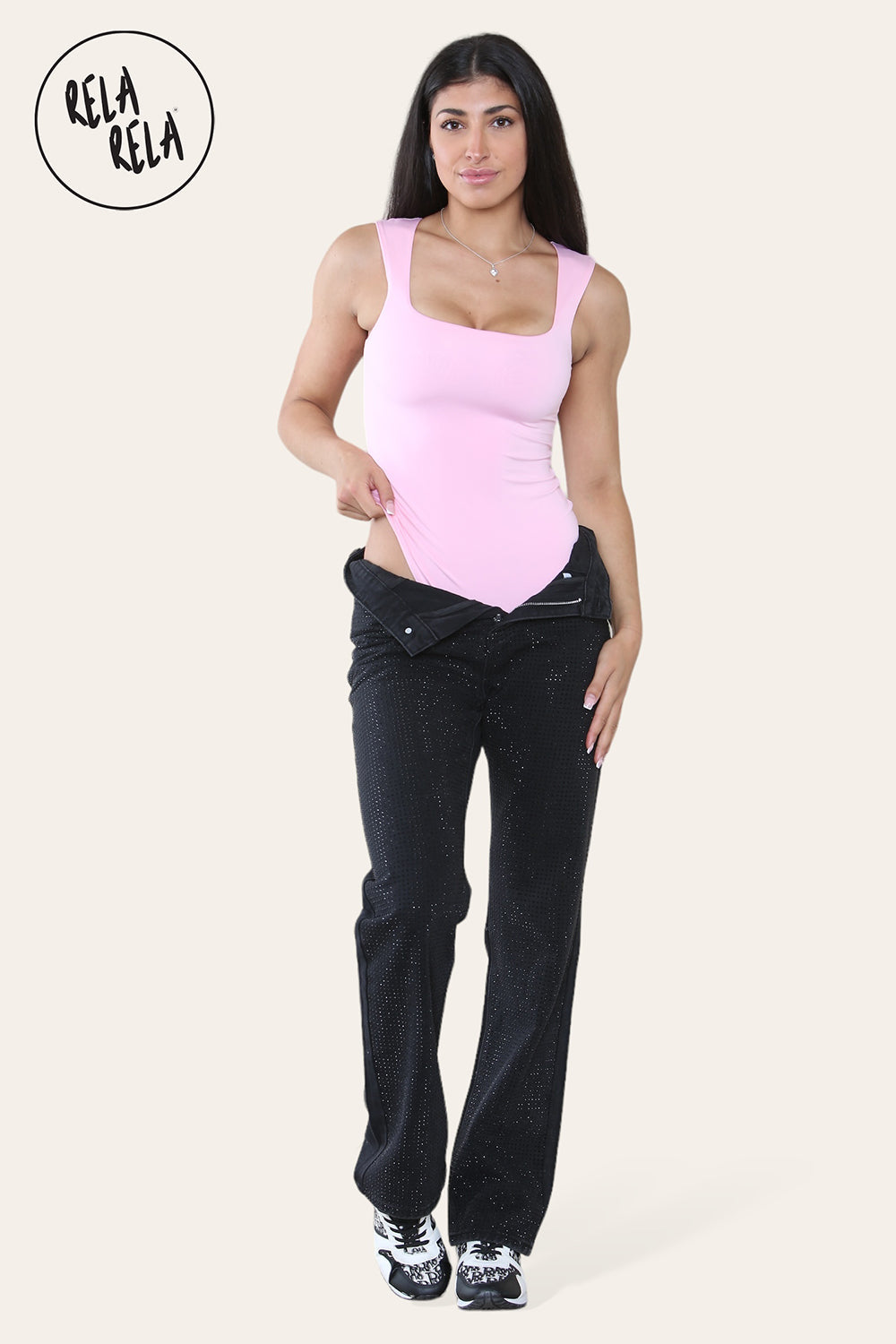Premium Slinky Double Layered Square Neck Brazilian Bodysuit in Baby Pink full