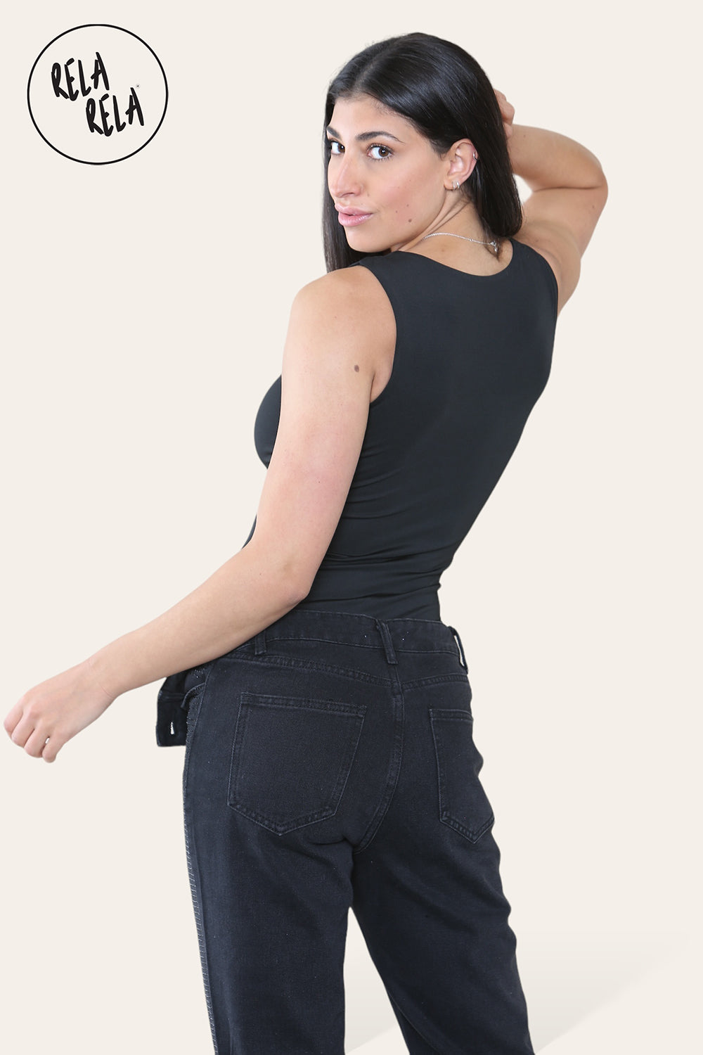 Premium Slinky Double Layered Square Neck Brazilian Bodysuit in Black back