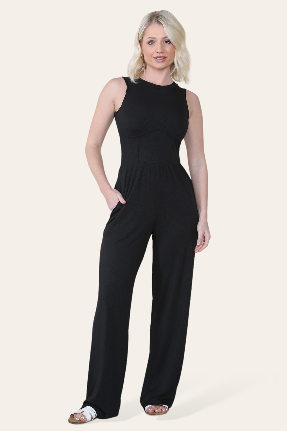 Solid Ribbed High Neck Wide Leg Sleeveless Jumpsuit in Black