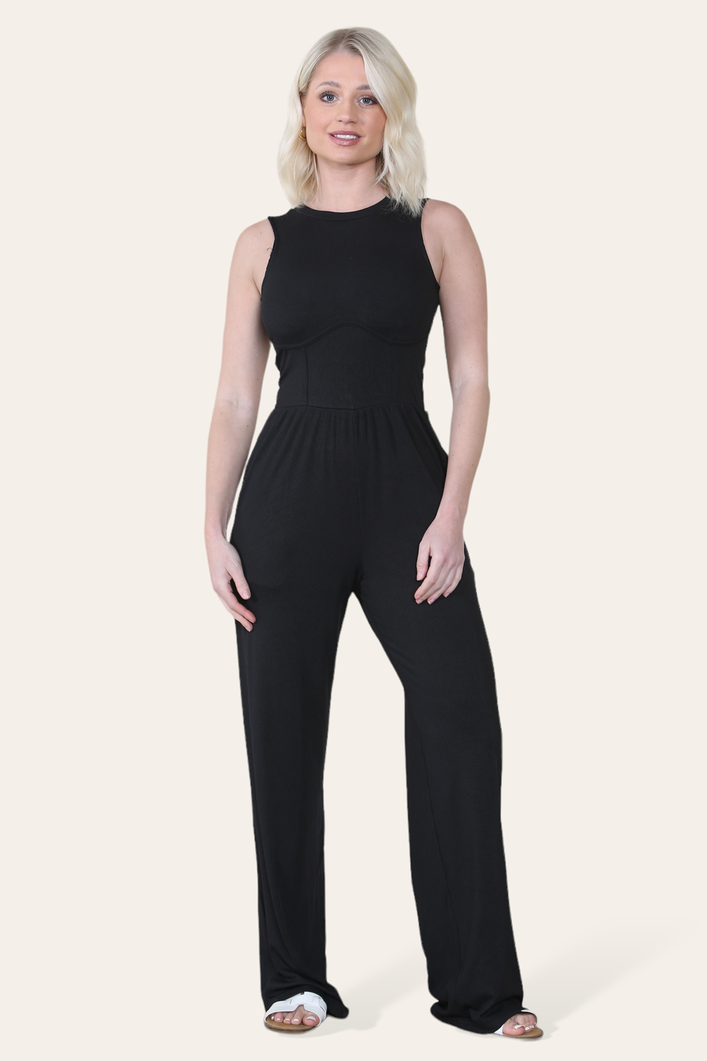 Solid Ribbed High Neck Wide Leg Sleeveless Jumpsuit in Black front