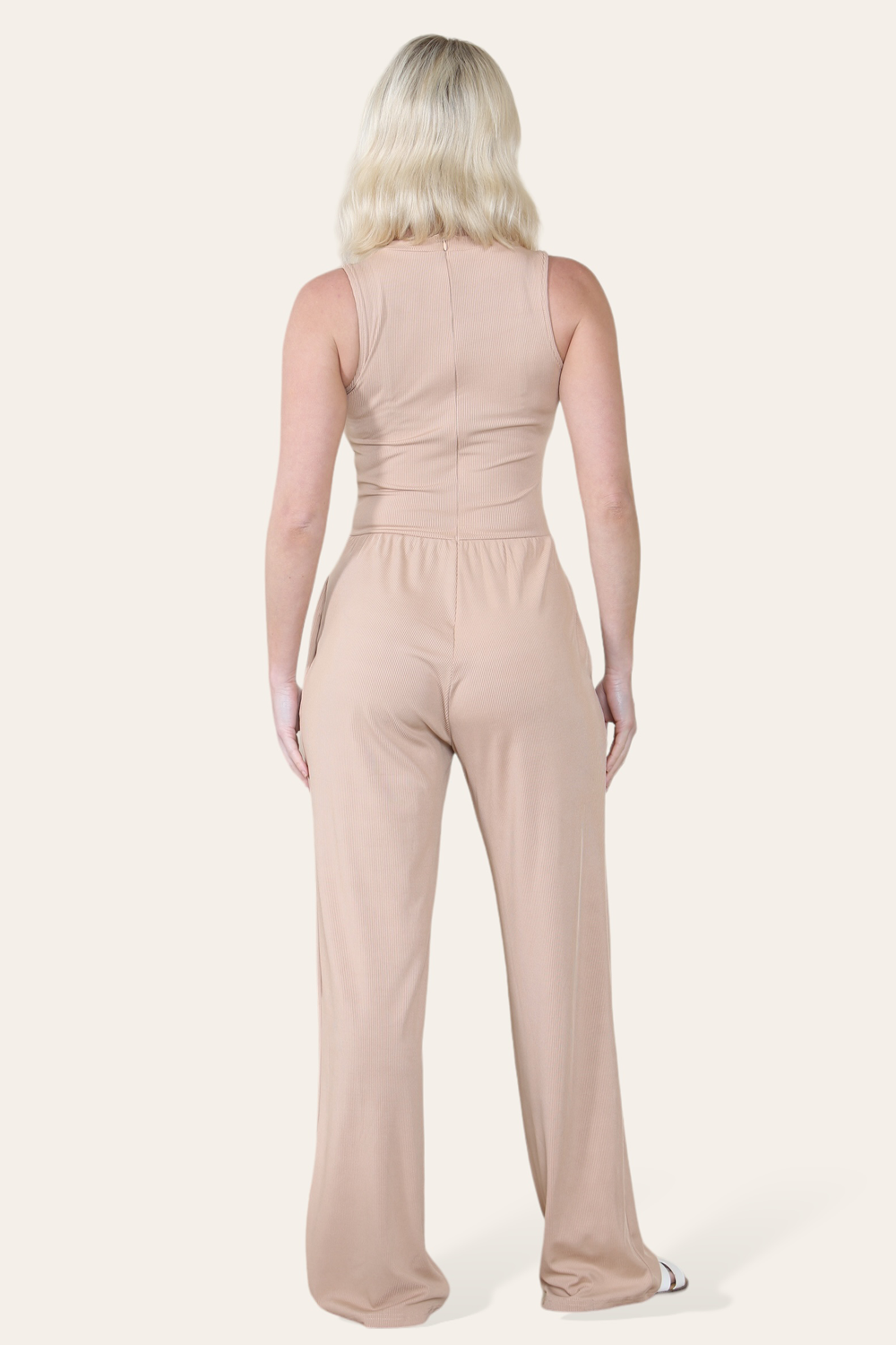 Solid Ribbed High Neck Wide Leg Sleeveless Jumpsuit in Camel back