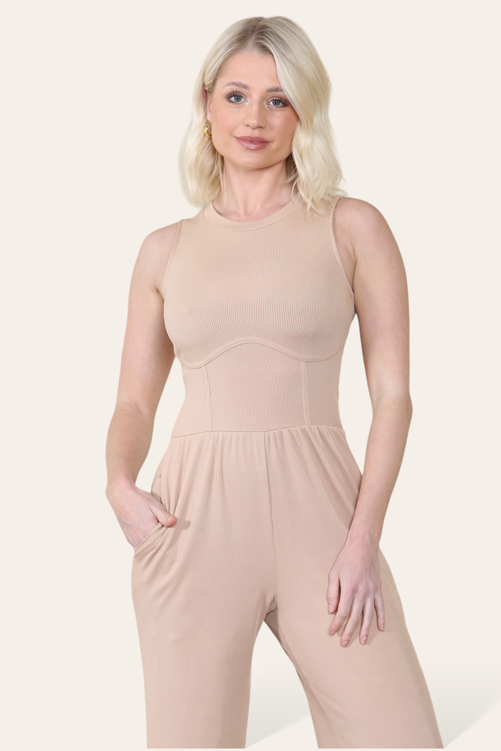 Solid Ribbed High Neck Wide Leg Sleeveless Jumpsuit in Camel front