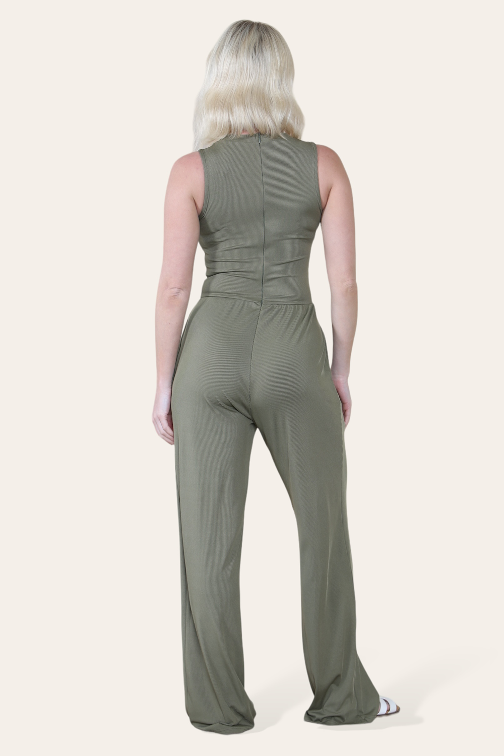 Solid Ribbed High Neck Wide Leg Sleeveless Jumpsuit in Khaki back