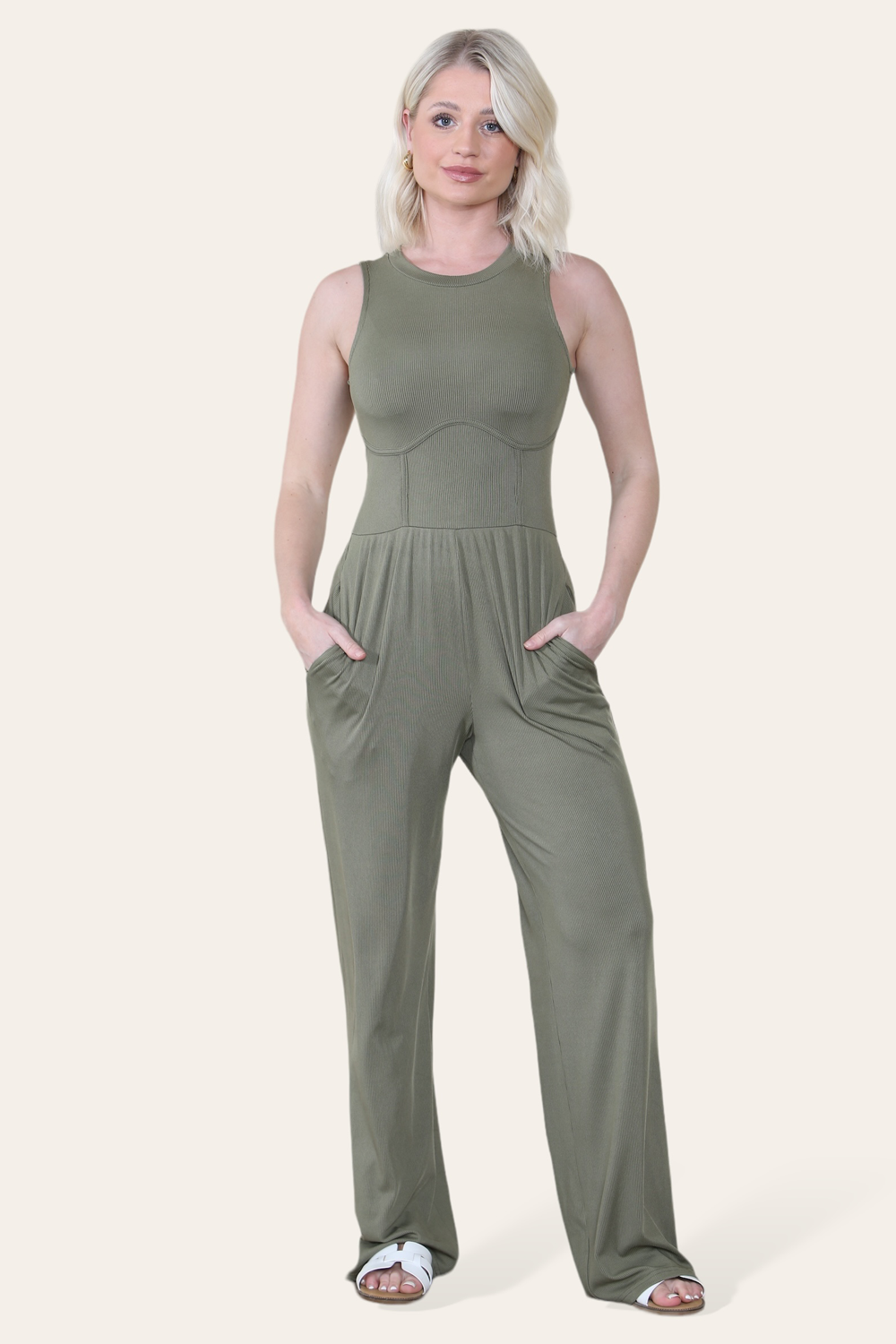 Solid Ribbed High Neck Wide Leg Sleeveless Jumpsuit in Khaki