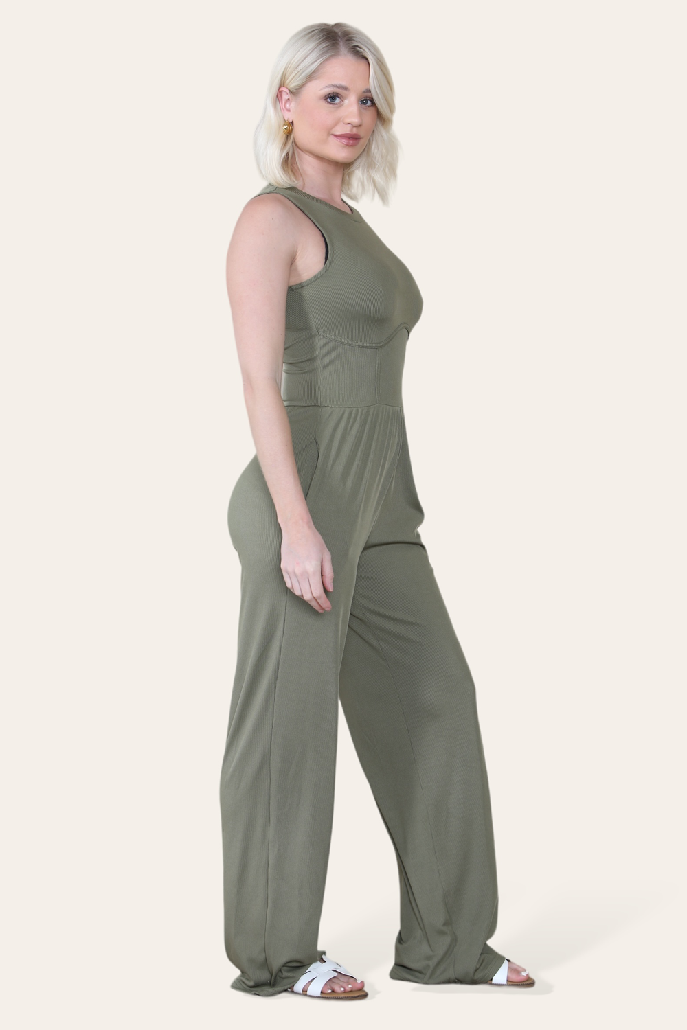 Solid Ribbed High Neck Wide Leg Sleeveless Jumpsuit in Khaki side