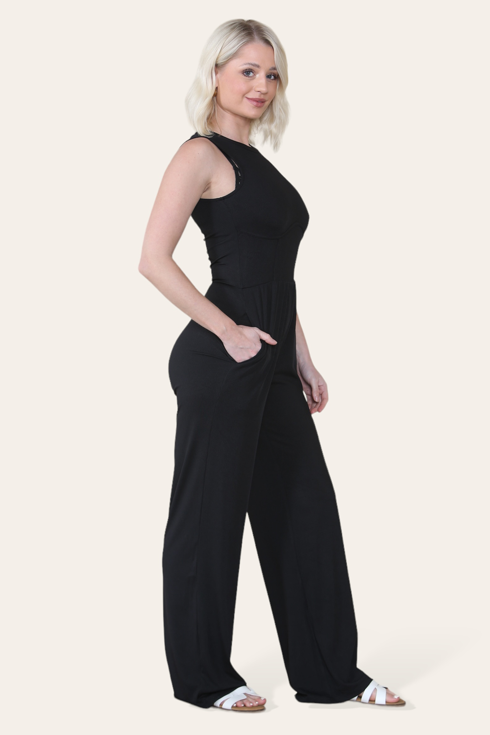 Solid Ribbed High Neck Wide Leg Sleeveless Jumpsuit in Black side