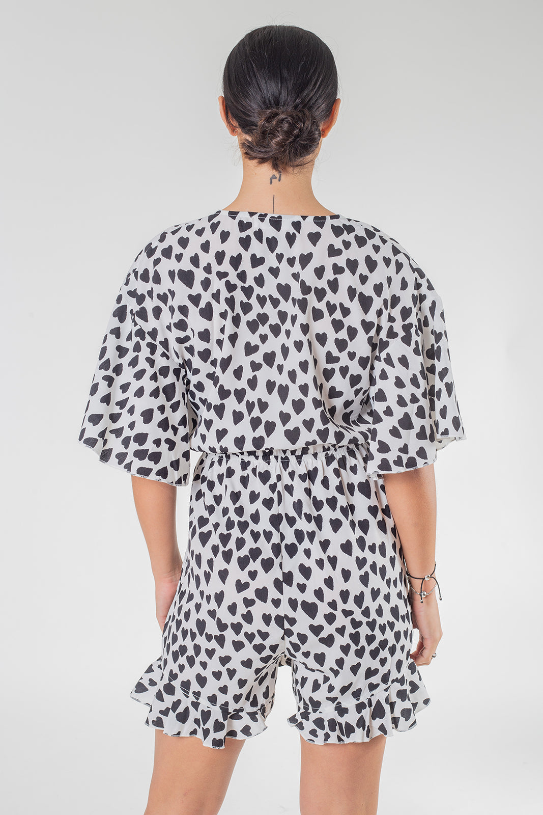Valentines Heart Print Frill Hem Wrap Playsuit White