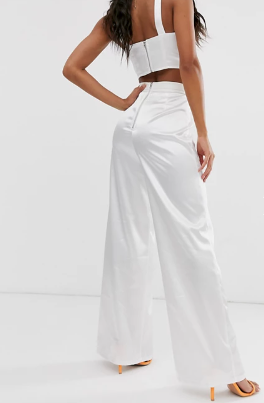 Satin Wide Leg Trouser With Hardware Detail Ivory With Plus Size