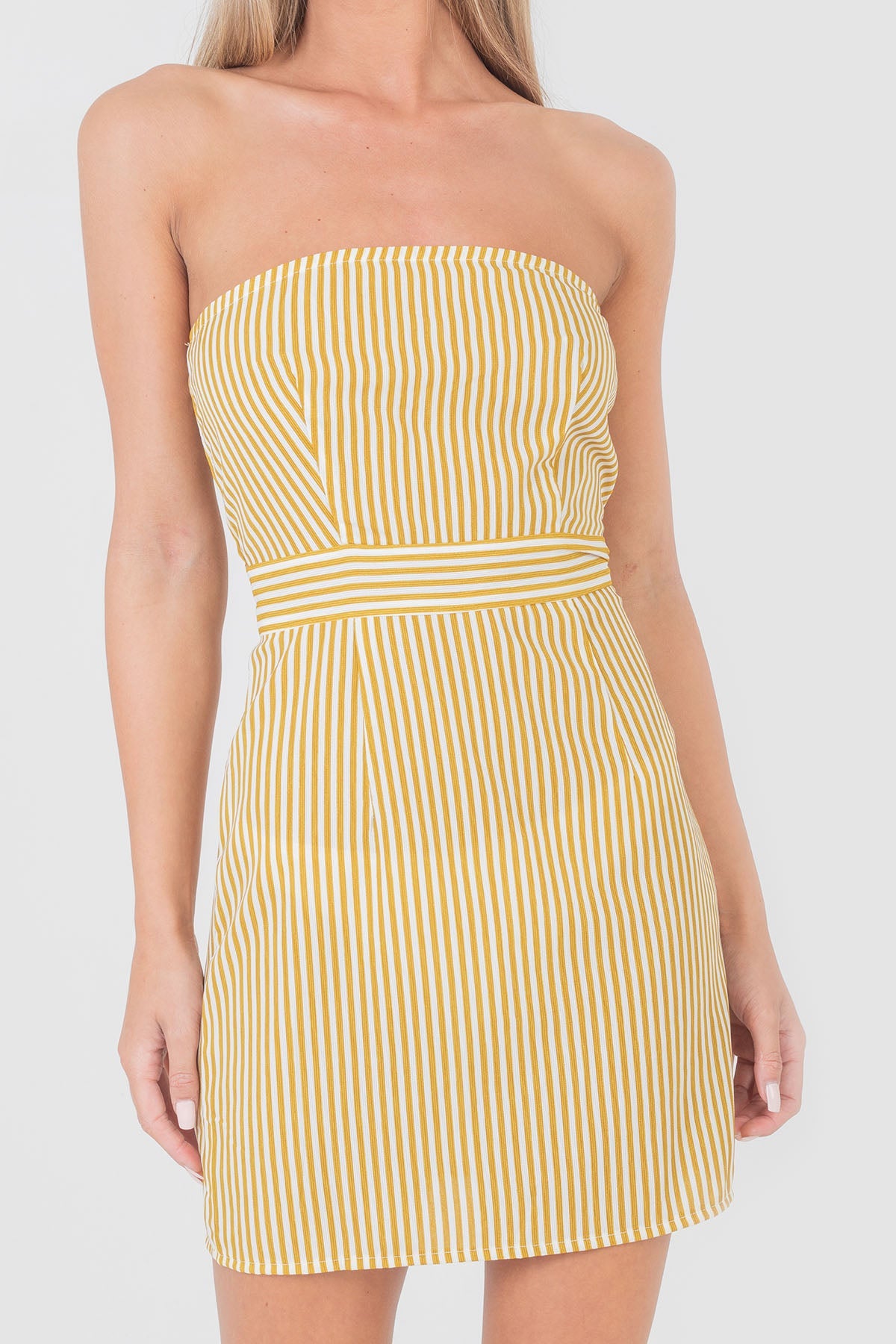 Stripe Strapless Dress In Mustard