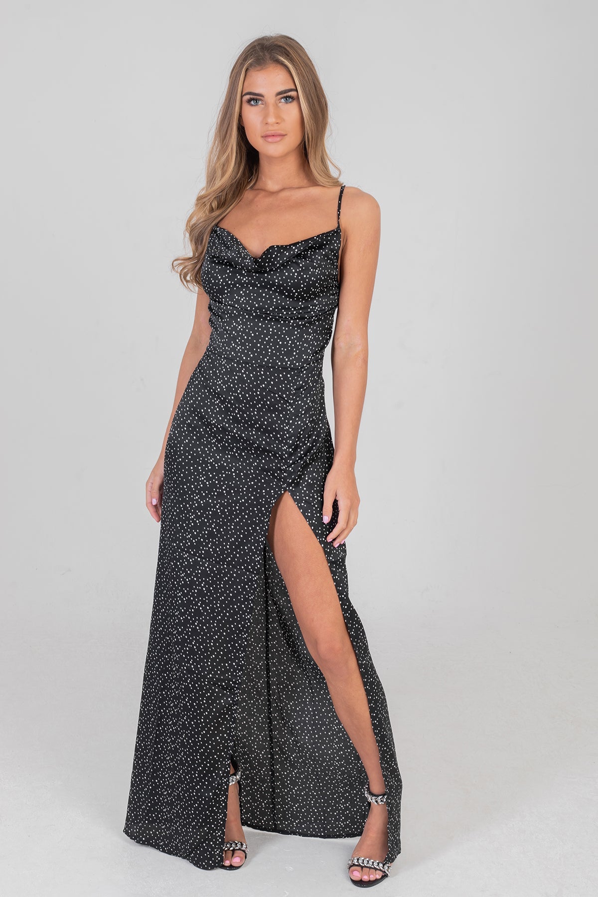Polka Dot Cowl Neck Maxi Dress Black