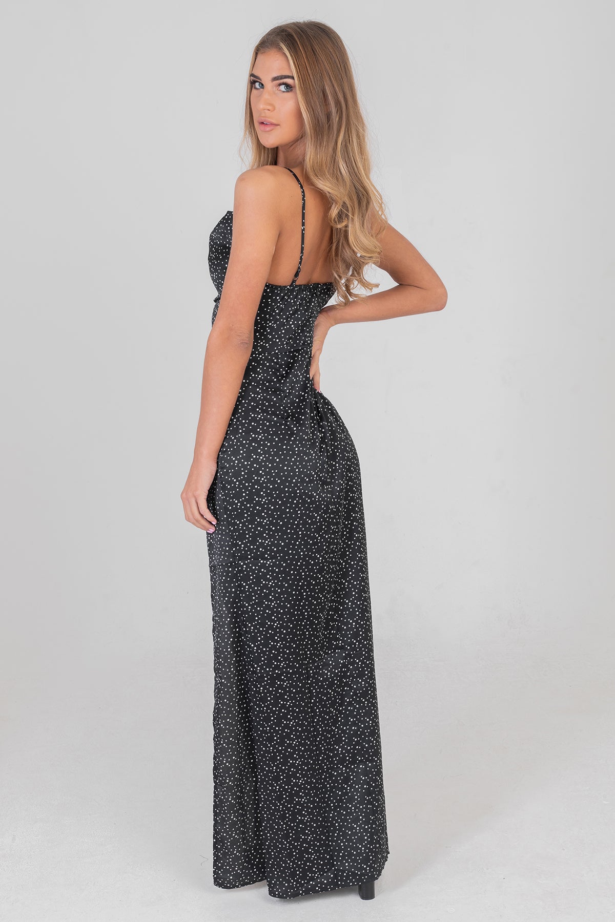 Polka Dot Cowl Neck Maxi Dress Black