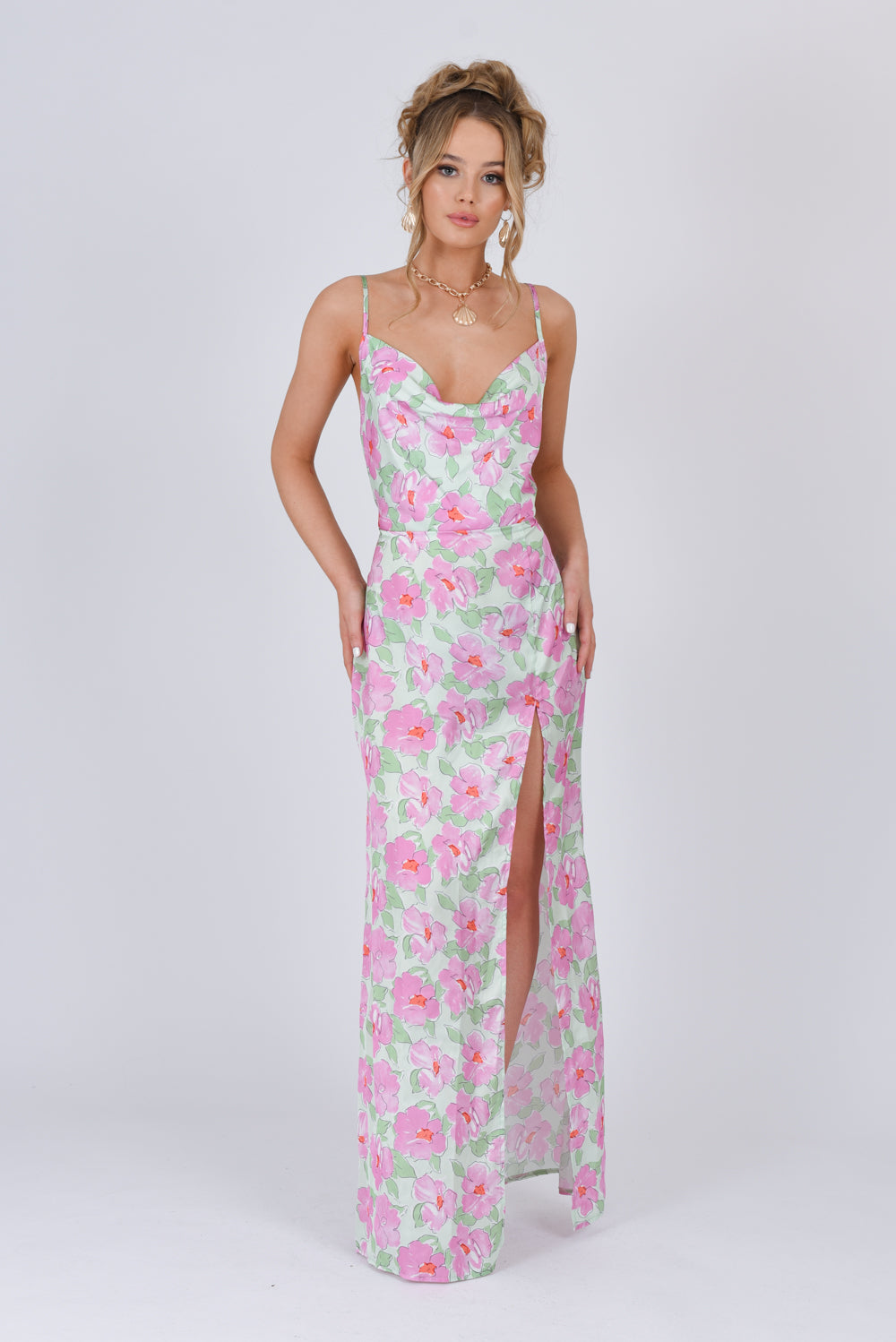 Floral Satin Cowl Neck Maxi Dress Green